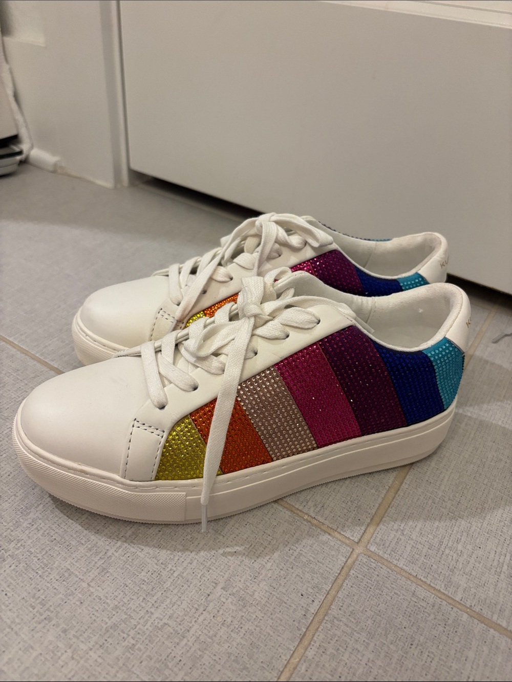 Kurt Geiger White Platform Sneakers with Multicolor Rhinestone Stripes